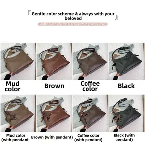 Detail view of vintage faux leather shoulder bags in four colors with cute dog charms