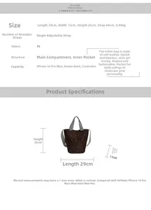 Detailed size specifications and interior capacity for the leopard print bucket bag