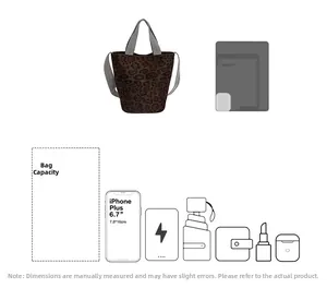 Detailed capacity view of leopard print suede bucket bag with woven straps and storage