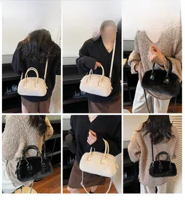 Model showcasing off-white and black plush pillow bags in handheld and crossbody styles