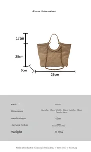 Detailed dimension chart for quilted tote bag showing height, width and strap length