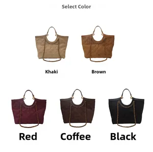 Quilted tote bags shown in five colors with metal chain straps and matte finish