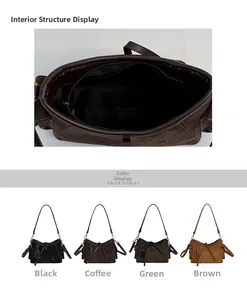 Detail view of the multi-pocket shoulder bag internal structure and four available colors