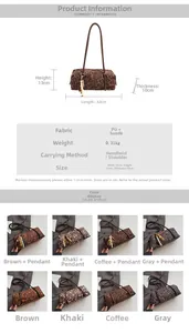 Detailed size specifications and material chart for the leopard print Boston shoulder bag