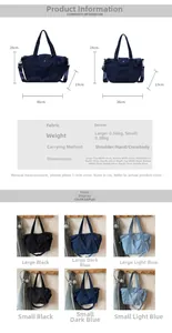 Size chart showing large and small denim tote bags with dimensions and strap options