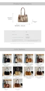 Detailed size specifications and color options for the large vintage suede tote bag