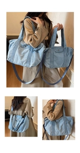 Detail view of light blue denim tote bags showing different sizes and strap designs