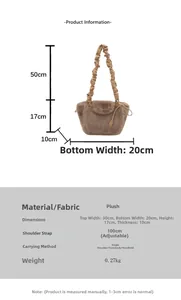 Detailed size chart for plush shoulder bag with dimensions and adjustable strap info