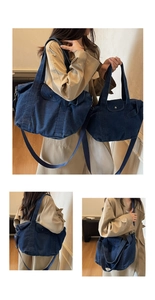 Detail view of dark blue denim tote bag showing various carrying styles and textures