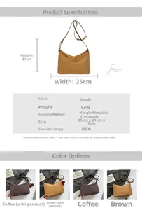 Größentabelle für Wildleder-Umhängetasche mit Maßen 25x21x9cm und Stoffdetails