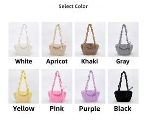 Grid view of soft faux fur handbags in eight colors showing plush texture and cloud strap