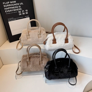 Faux Fur Pillow Handbag Women Plush Boston Bag With PU Leather Straps Crossbody Shoulder Trendy Winter Soft