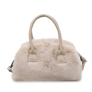 Beige plush pillow bag with faux fur texture and leather strap for women 2025 fashion