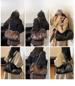 Détail du grand sac cabas avec cordons latéraux en cuir PU marron et noir classique
