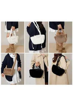 Detail shots of fluffy faux fur cloud bags with pleated handles in cream, coffee, and black