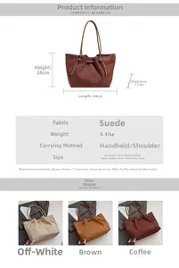 Detailed size specifications and color options for the large suede tote bag