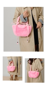 Pink plush handbag detail showing ruched handle, bow ribbon, and crossbody strap versatility
