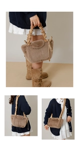 Detail of plush faux fur handbag featuring gathered leather handle and sweet side ribbon bow