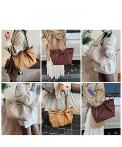 Collage of large suede tote bags in various colors shown on model for daily commute