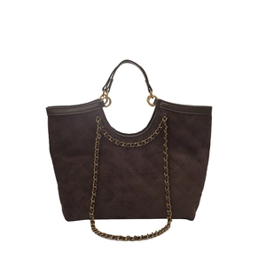 Quilted tote bag in deep brown suede with vintage gold chain strap and large capacity