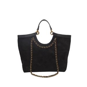 Quilted black suede tote bag with gold chain strap and large capacity chic design