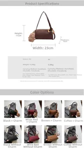Detailed size specifications and color options for the PU leather pillow handbag