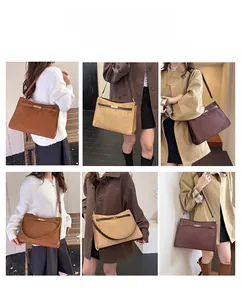 Detailed views of multi-way large matte crossbody bag with contrast trim and metal buckle