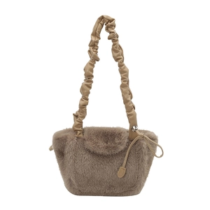Coffee faux fur shoulder bag with stylish ruched leather strap and drawstring detail