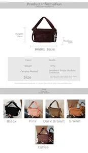 Detailed size chart for nylon underarm bag with suede finish dimensions and colors