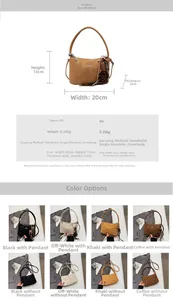 Detailed chart showing faux leather bucket bag dimensions and multiple color options