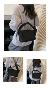 Detailed views of a black nylon shoulder bag showing crossbody strap and matte finish
