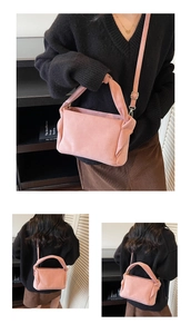 Pink matte crossbody bag with gold hardware shown in multiple wearing angles
