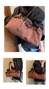 Three-way view of a large brown suede tote bag with leather handles shown on a model