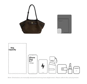 Detailed diagram of large brown suede tote bag showing spacious interior and daily essentials