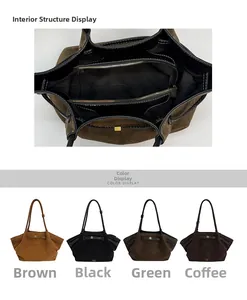 Detail view of large suede tote bag interior structure and four color options display