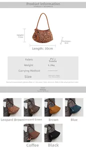 Detailed size specifications and multi-color display of retro leopard print crescent bag