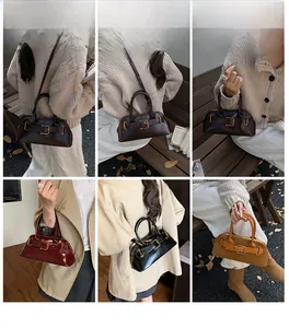 Multiple views of vintage faux leather handbags in brown, burgundy, black, and khaki tones