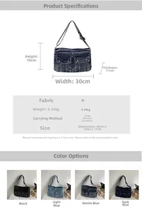 Detailed size chart and four-color display of vintage denim crossbody tote bag