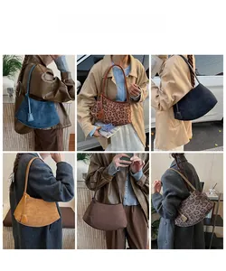 Collage of suede hobo bags in solid colors and leopard prints shown with various outfits