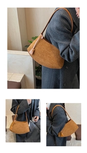 Three-way view of brown suede shoulder bag showing crossbody and handheld styling details
