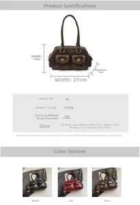 Detailed size chart and dimensions for the retro PU leather motorcycle handbag with pockets