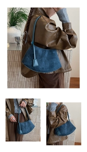 Detailed texture of dark blue suede crescent bag featuring a sleek minimalist design