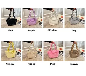 Collage of plush shoulder bags in 8 colors with drawstring details and ruched handles