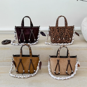 Retro faux suede tote bags in four colors with decorative beaded shoulder straps