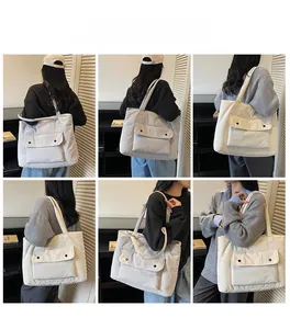 Detailansichten einer großen Stepp-Tragetasche mit Klapptasche und Zierknöpfen