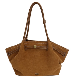 Minimalist brown suede tote bag with wings design and gold metal buckle for women