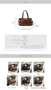 Size chart showing large and small vintage PU leather tote bags with dimensions and colors