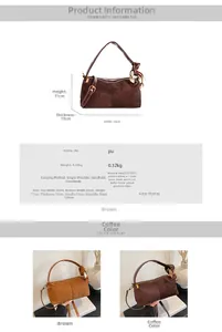 Detailed size chart and specifications for vintage PU leather women handbag in brown