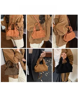 Collage of pleated suede bucket bags showing handheld and crossbody styling options