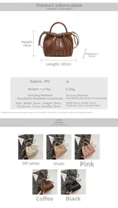 Detailed view of the pleated PU leather texture and dimensions of the bucket bag